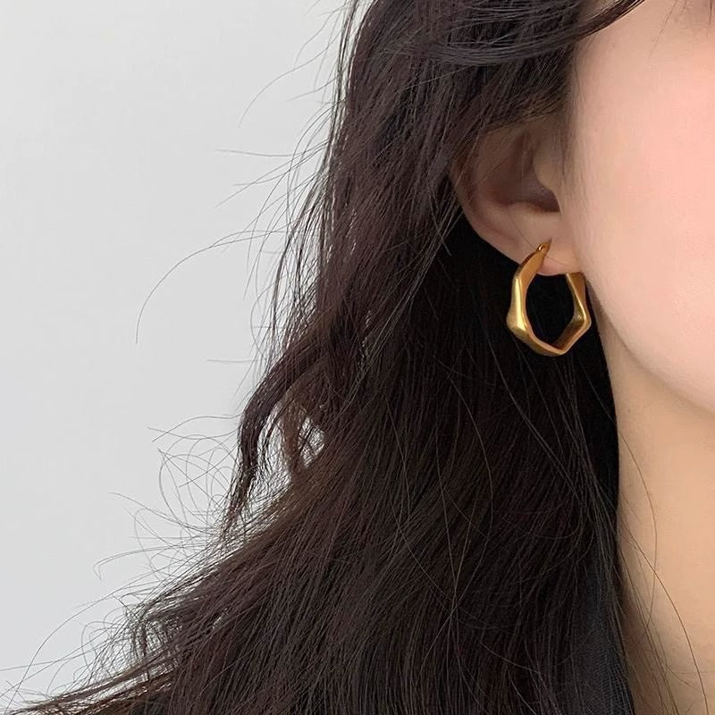 Minimalist Matte Gold Hexagon Hoop Earrings | Geometric Textured Wavy Hoops⁠