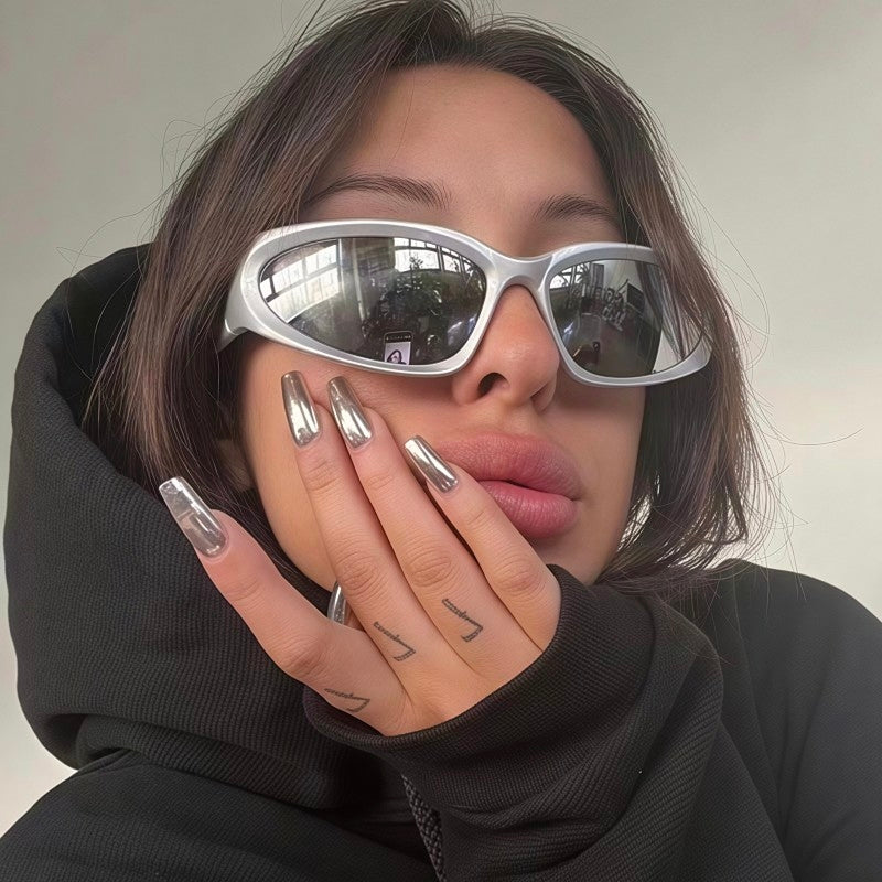 Aether Cyber Y2K Silver Wrap Around Sunglasses - Futuristic Rave Techno Shield Sunnies⁠