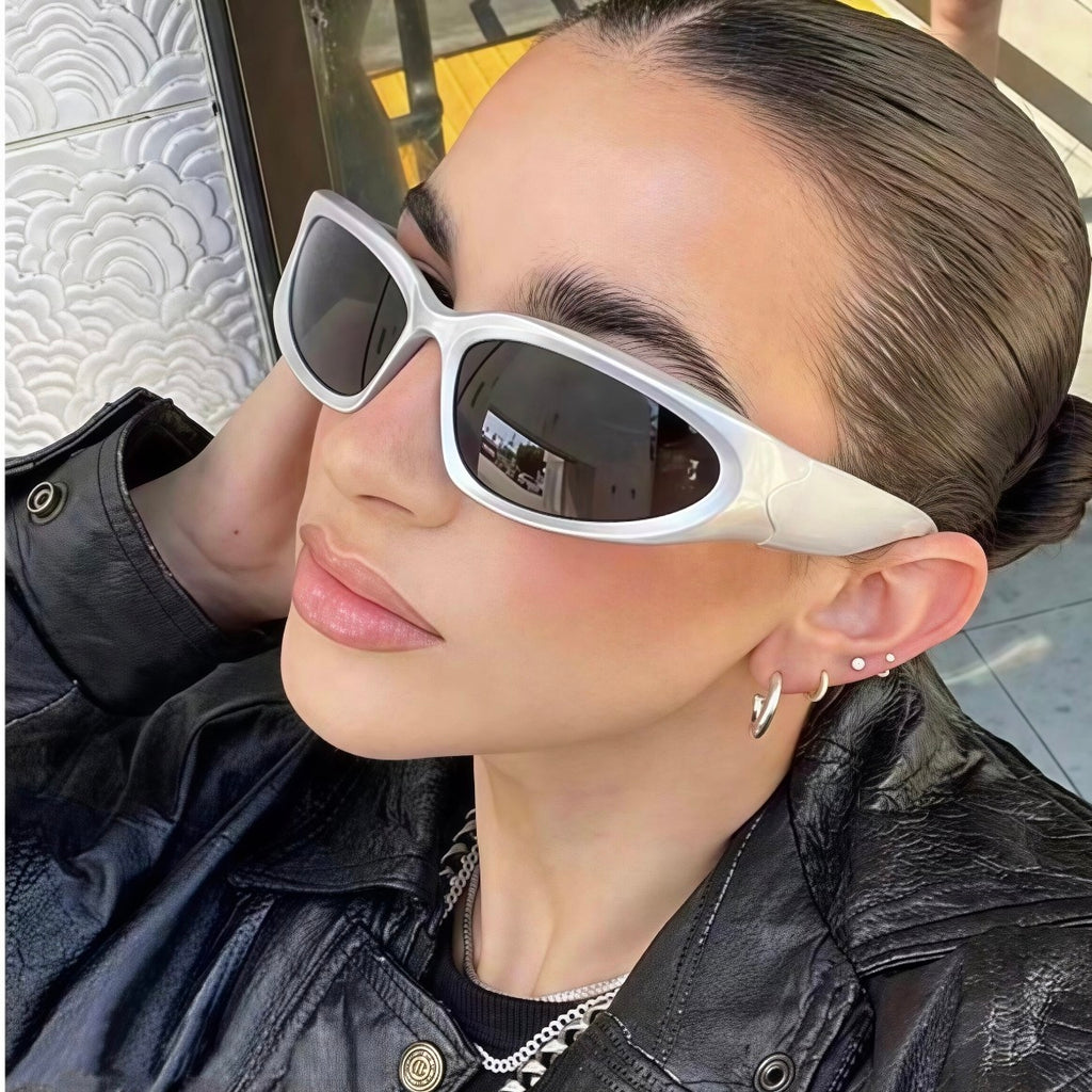 Aether Cyber Y2K Silver Wrap Around Sunglasses - Futuristic Rave Techno Shield Sunnies⁠