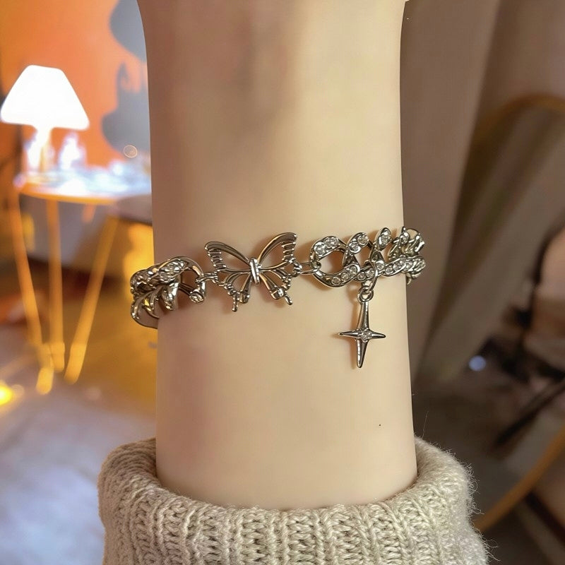Y2K Iced Out Butterfly Star Charm Bracelet | Cyber Grunge Silver Cuban Link Chain⁠